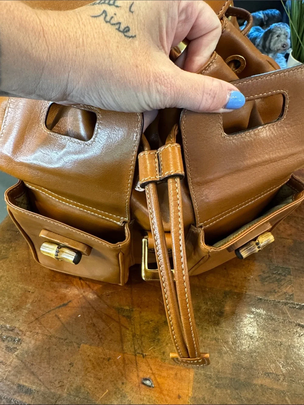 🩵Gucci Vintage (1990s) Tan Leather Bamboo-Handle Backpack - Authentic